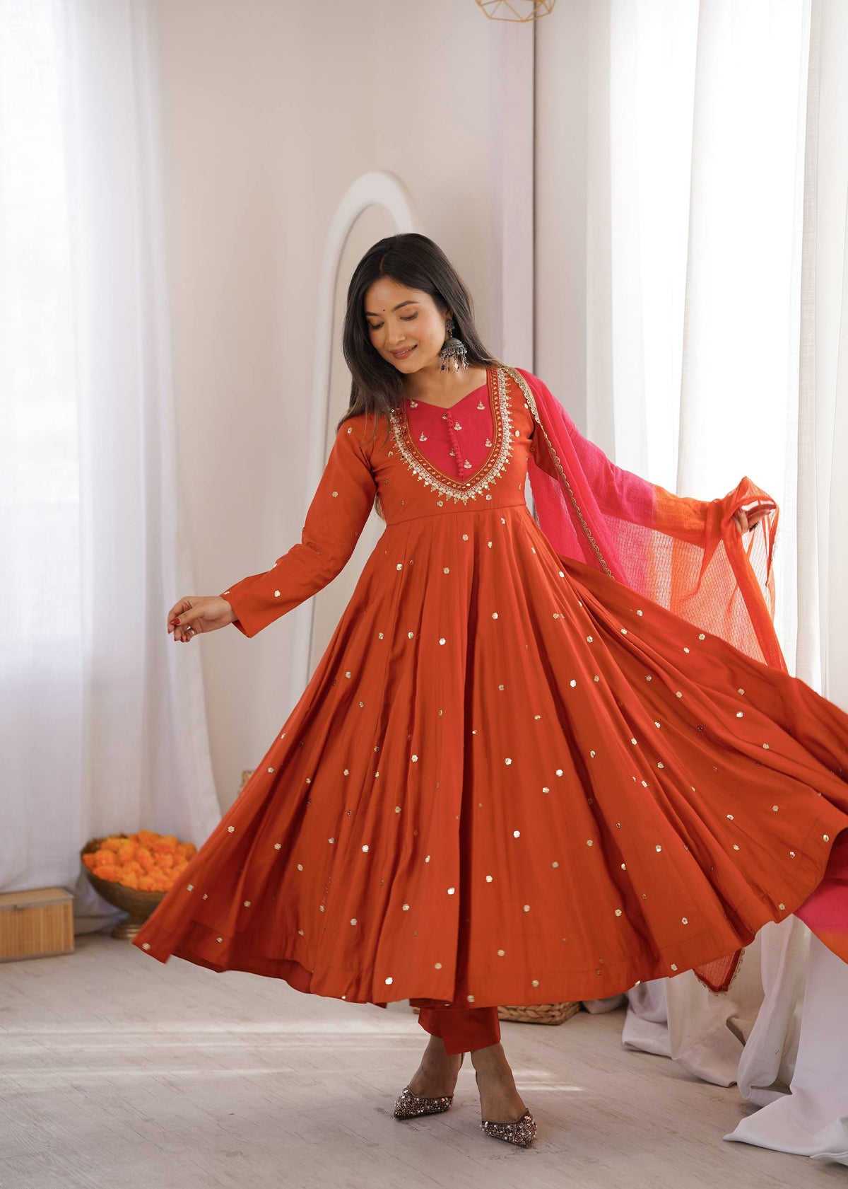 Rust Elegance Mirror-Work Silk Anarkali Suit