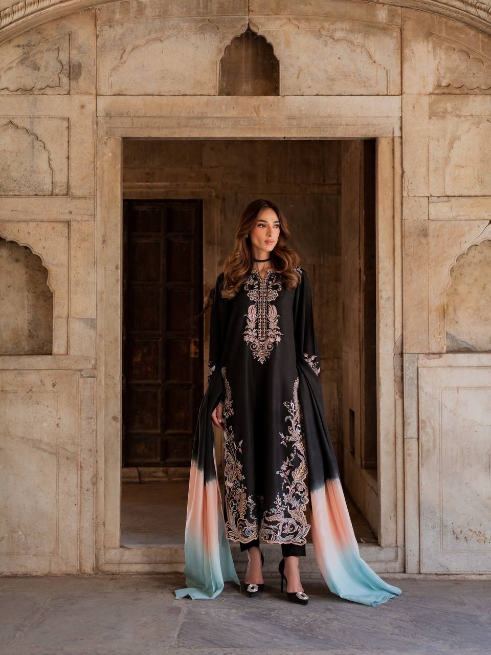 Black Embroidered Kaftan Suit with Shaded Ombre Dupatta - 3 Piece Set