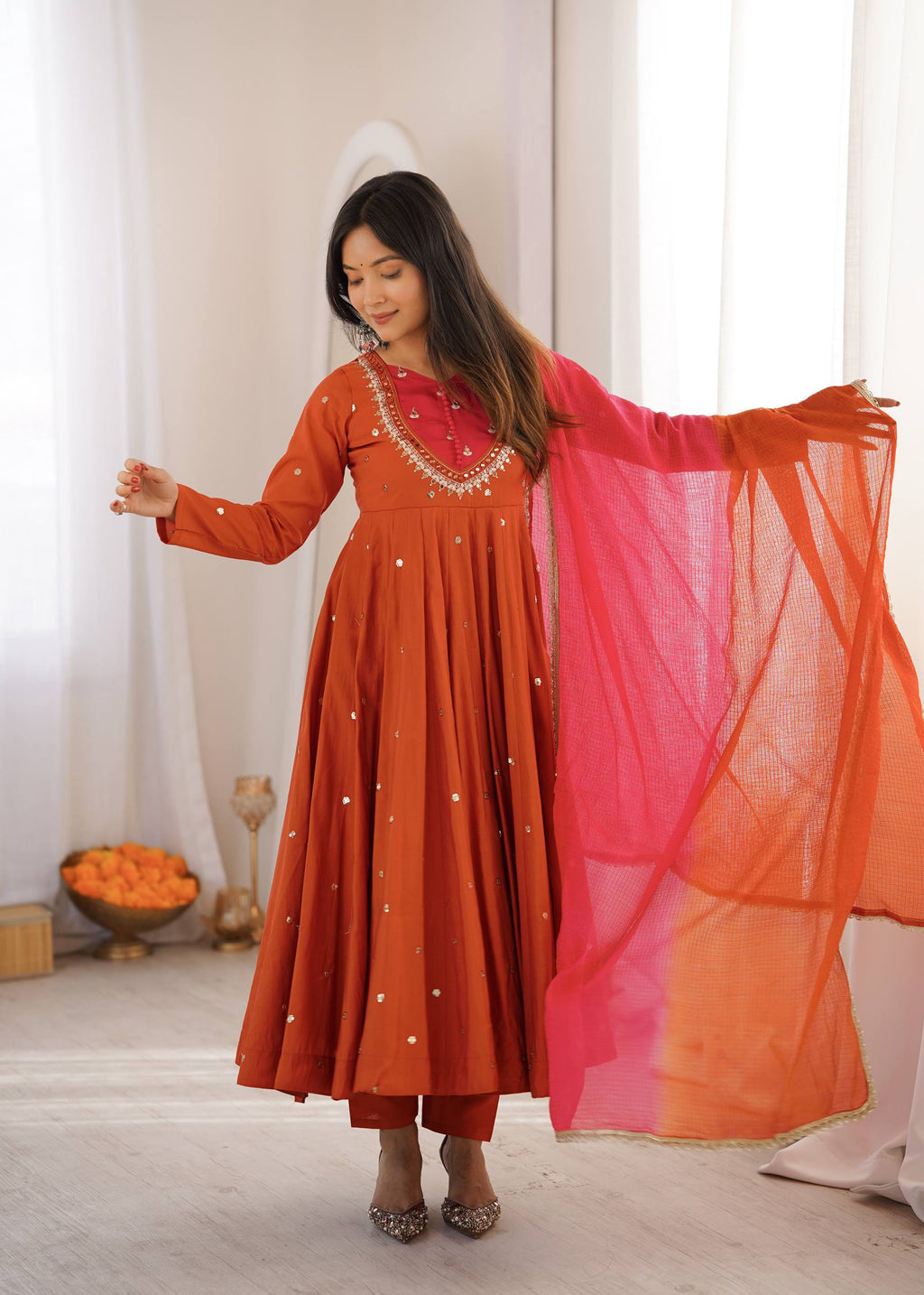 Rust Elegance Mirror-Work Silk Anarkali Suit