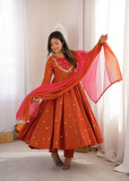 Rust Elegance Mirror-Work Silk Anarkali Suit
