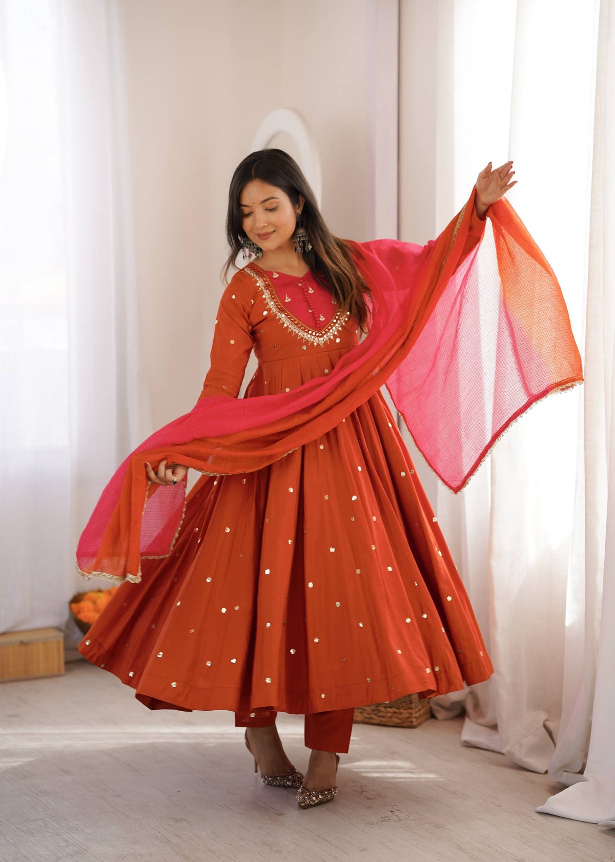 Rust Elegance Mirror-Work Silk Anarkali Suit