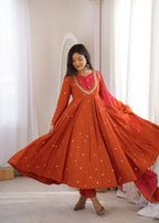 Rust Elegance Mirror-Work Silk Anarkali Suit