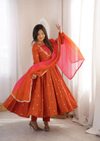 Rust Elegance Mirror-Work Silk Anarkali Suit