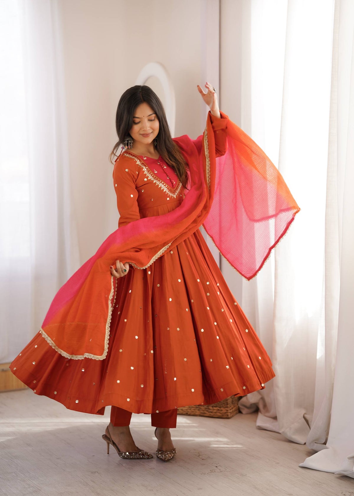 Rust Elegance Mirror-Work Silk Anarkali Suit