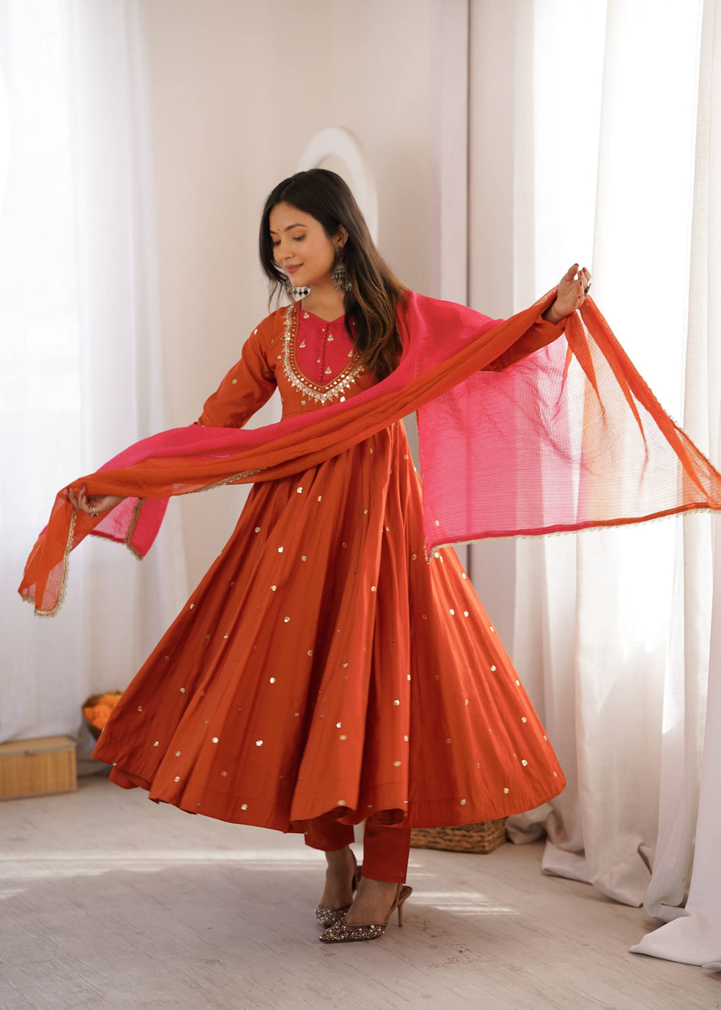 Rust Elegance Mirror-Work Silk Anarkali Suit