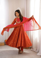 Rust Elegance Mirror-Work Silk Anarkali Suit