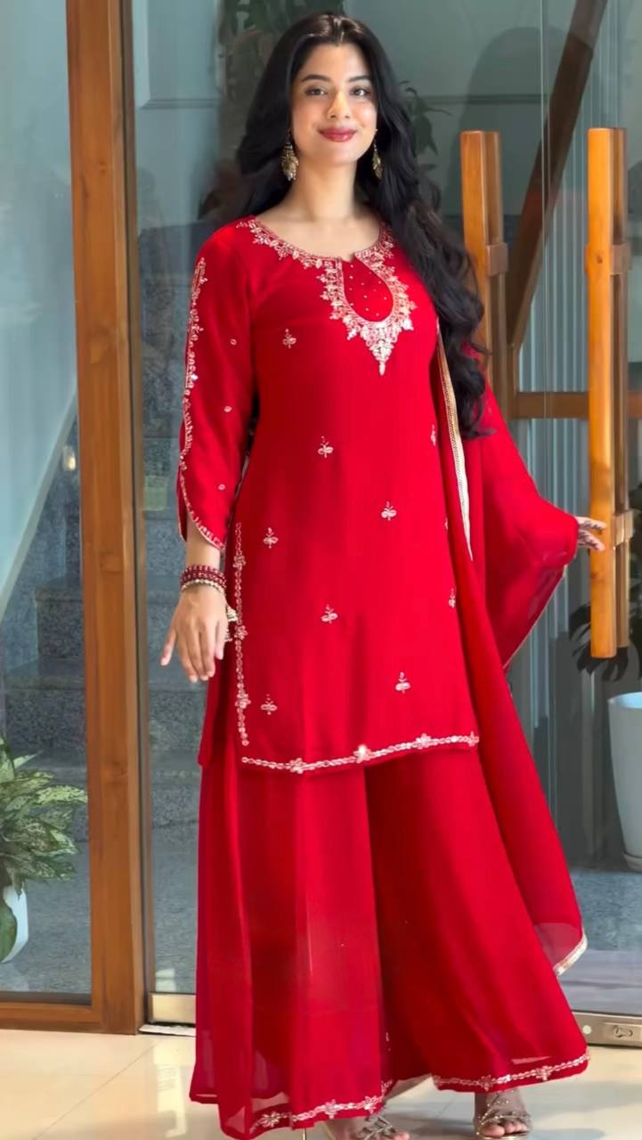 Scarlet Red Embroidered Georgette Salwar Suit Set