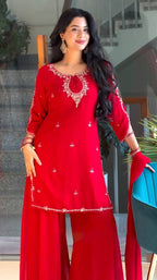 Scarlet Red Embroidered Georgette Salwar Suit Set