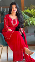 Scarlet Red Embroidered Georgette Salwar Suit Set