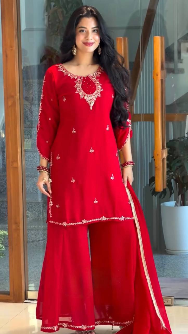 Scarlet Red Embroidered Georgette Salwar Suit Set