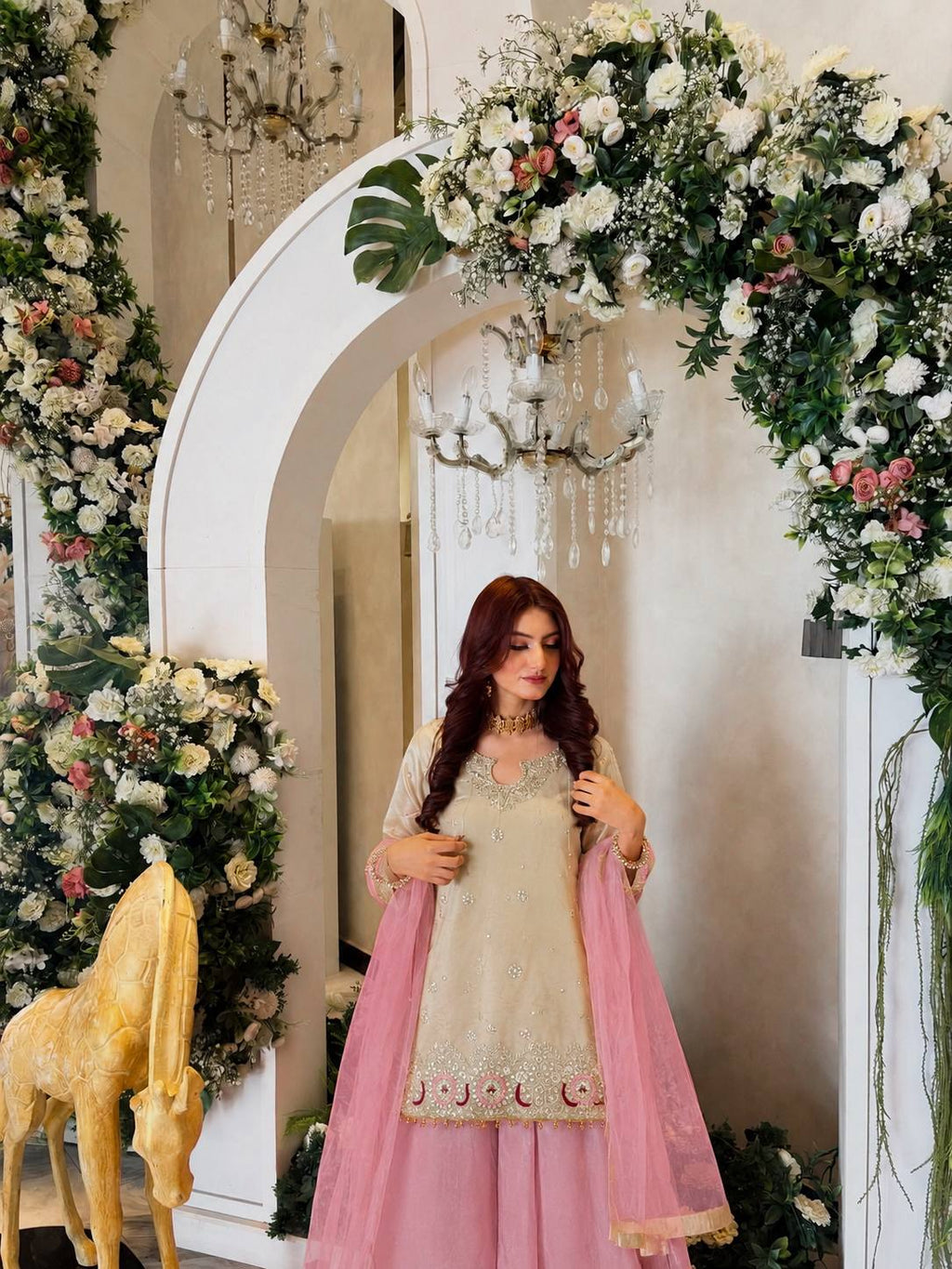 Off-White and Baby Pink Silk Sharara Suit Set with Sequin Embroidery