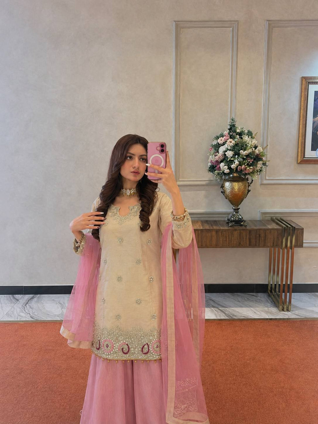 Off-White and Baby Pink Silk Sharara Suit Set with Sequin Embroidery