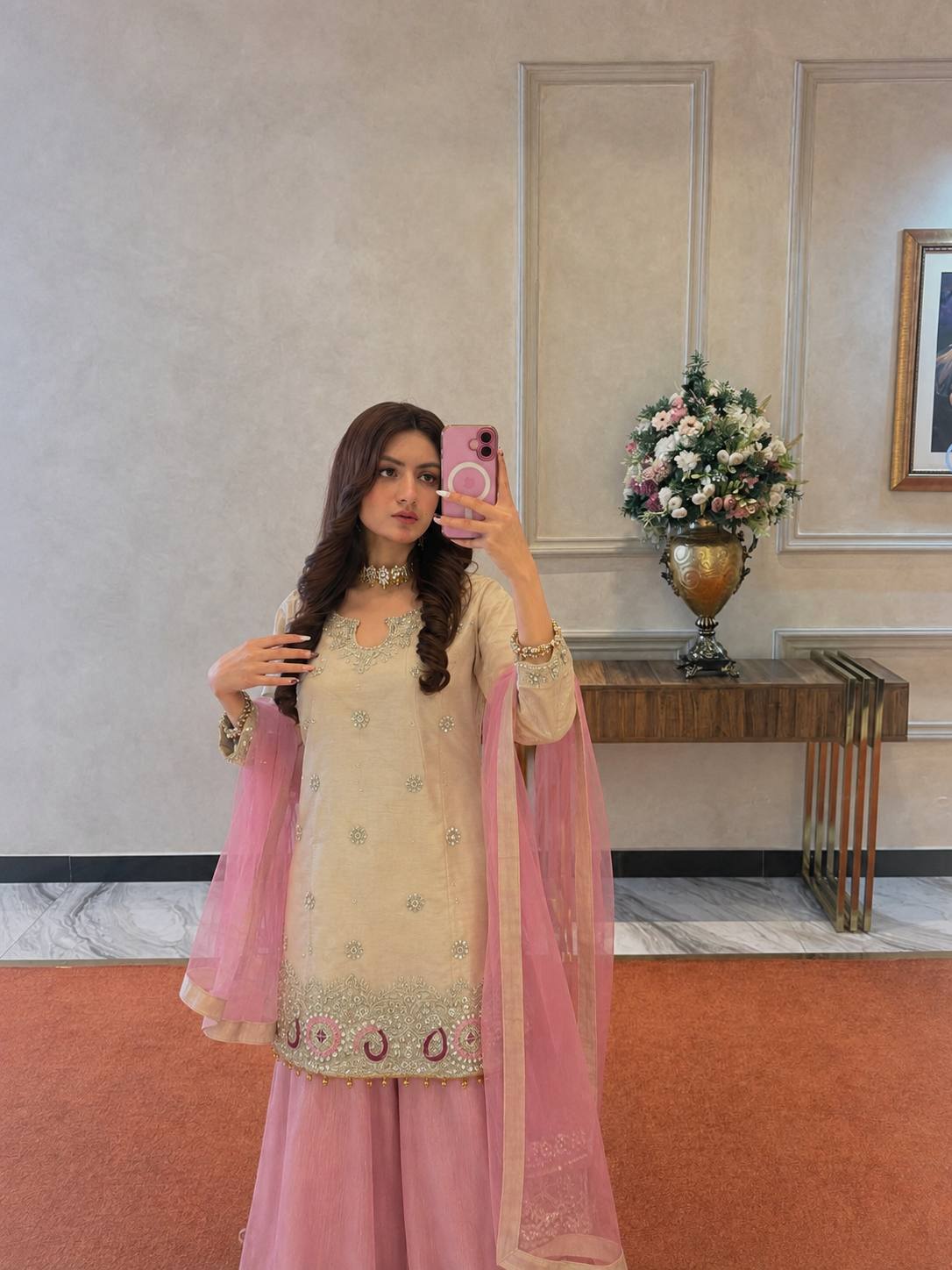 Off-White and Baby Pink Silk Sharara Suit Set with Sequin Embroidery