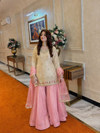 Off-White and Baby Pink Silk Sharara Suit Set with Sequin Embroidery