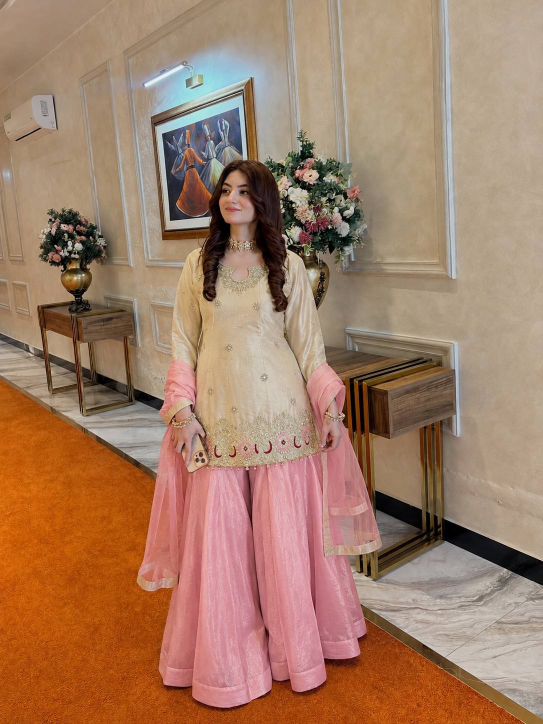 Off-White and Baby Pink Silk Sharara Suit Set with Sequin Embroidery