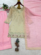 Off-White and Baby Pink Silk Sharara Suit Set with Sequin Embroidery