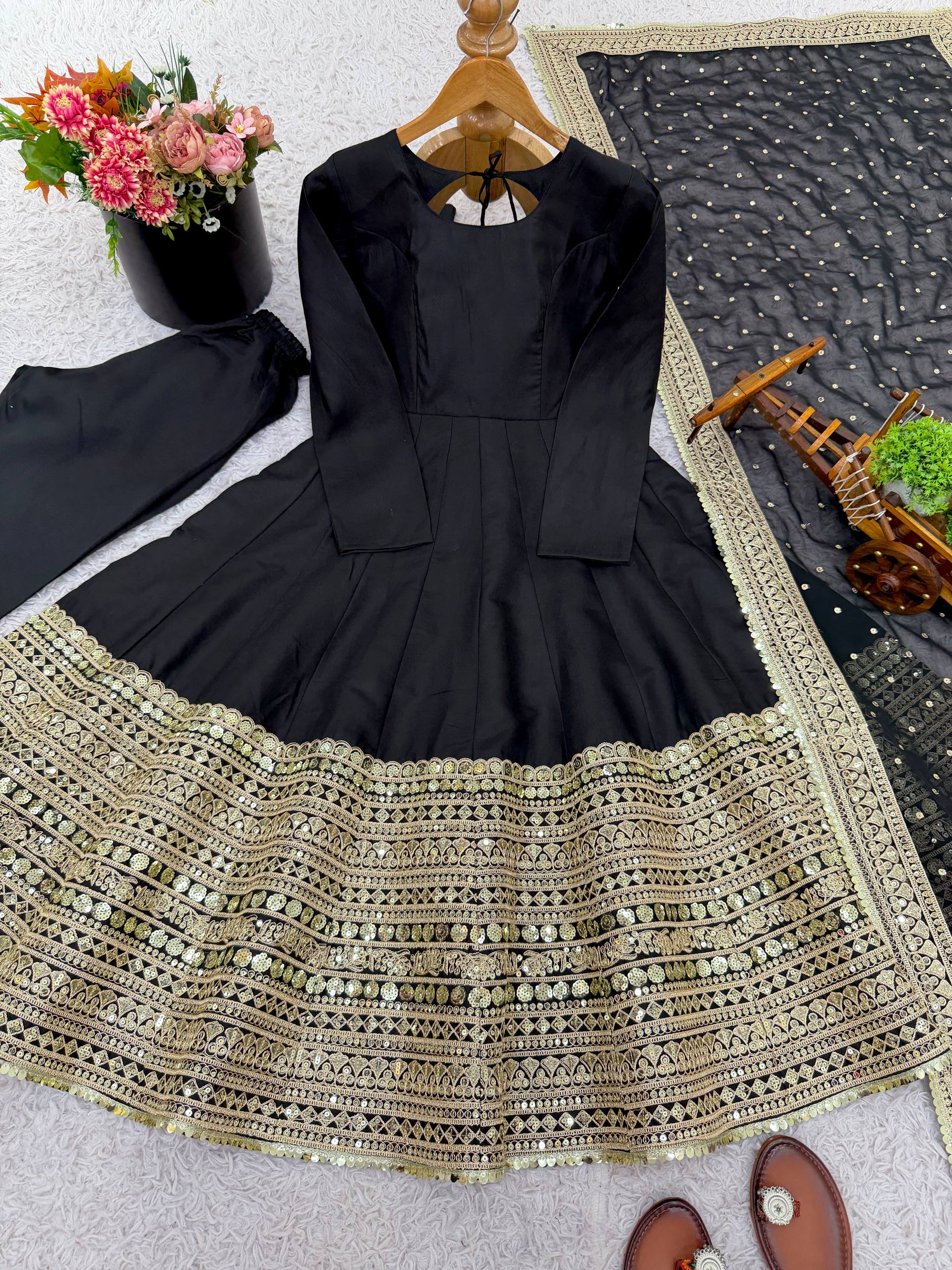 New Designer Party Wear Look Stylish Heavy Embroidery Work Gown Set