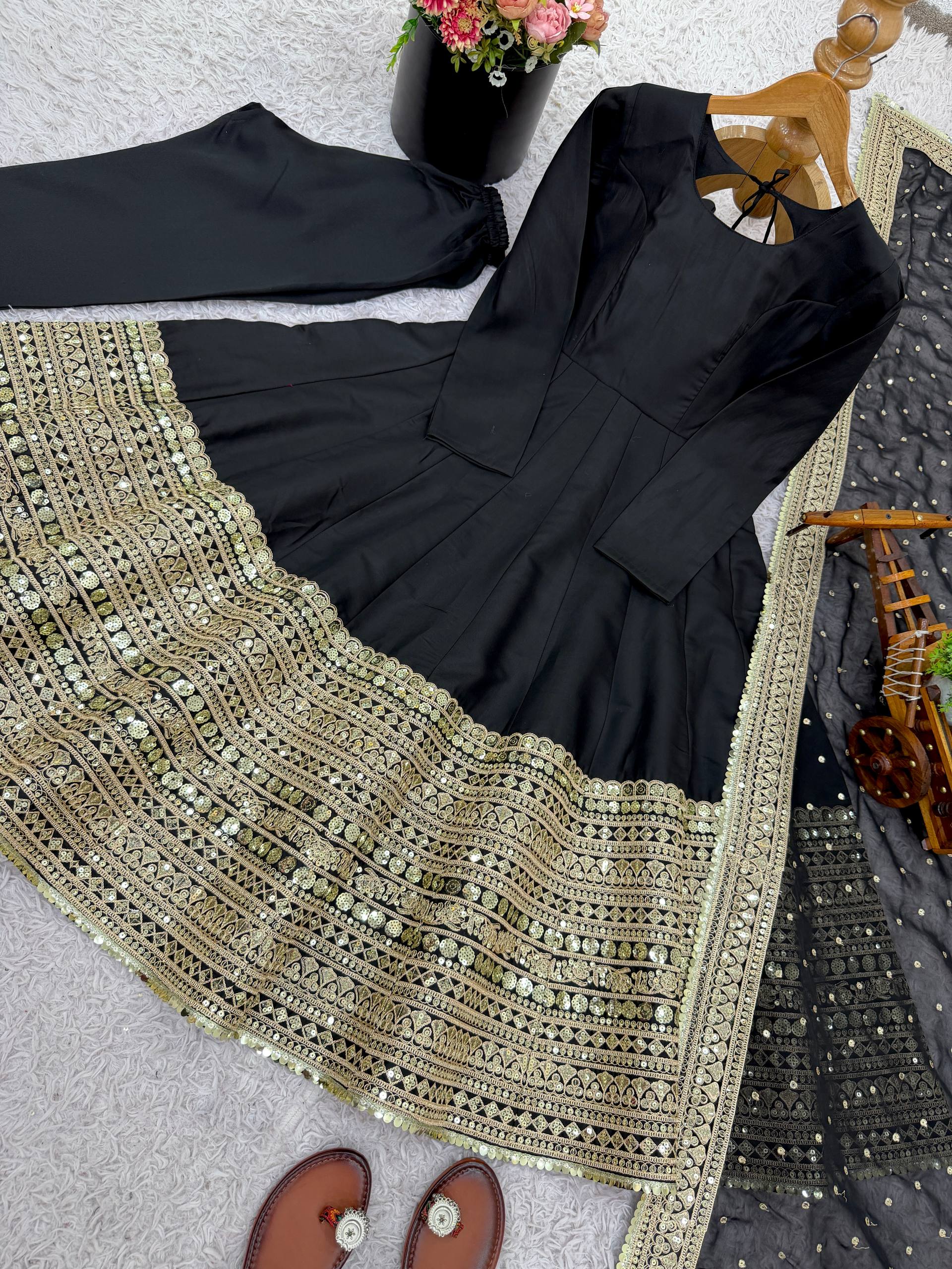 New Designer Party Wear Look Stylish Heavy Embroidery Work Gown Set