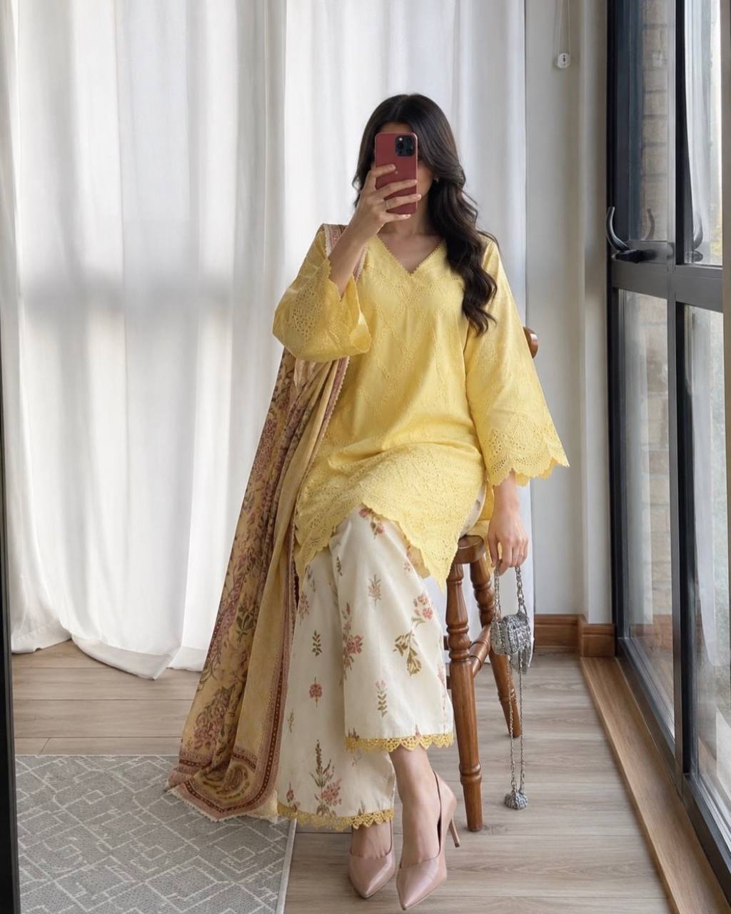 Sunshine Yellow Chikankari Style Cotton Tunic & Floral Print Palazzo Set