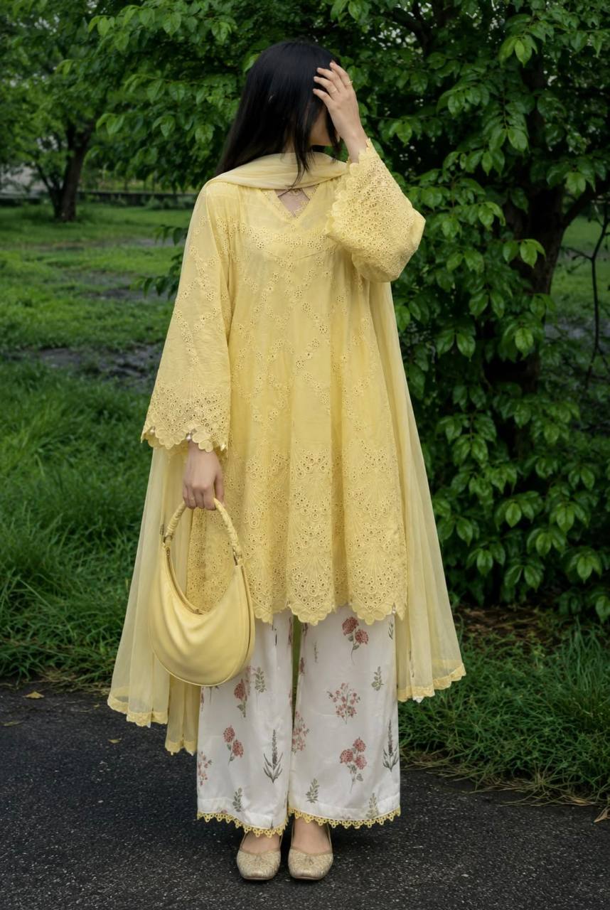 Sunshine Yellow Chikankari Style Cotton Tunic & Floral Print Palazzo Set