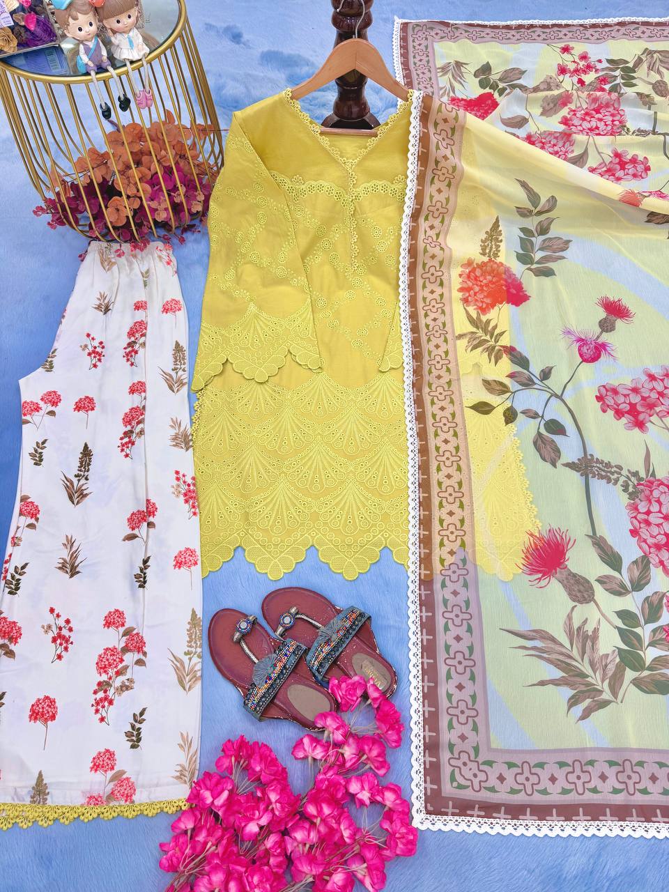 Sunshine Yellow Chikankari Style Cotton Tunic & Floral Print Palazzo Set