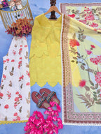 Sunshine Yellow Chikankari Style Cotton Tunic & Floral Print Palazzo Set