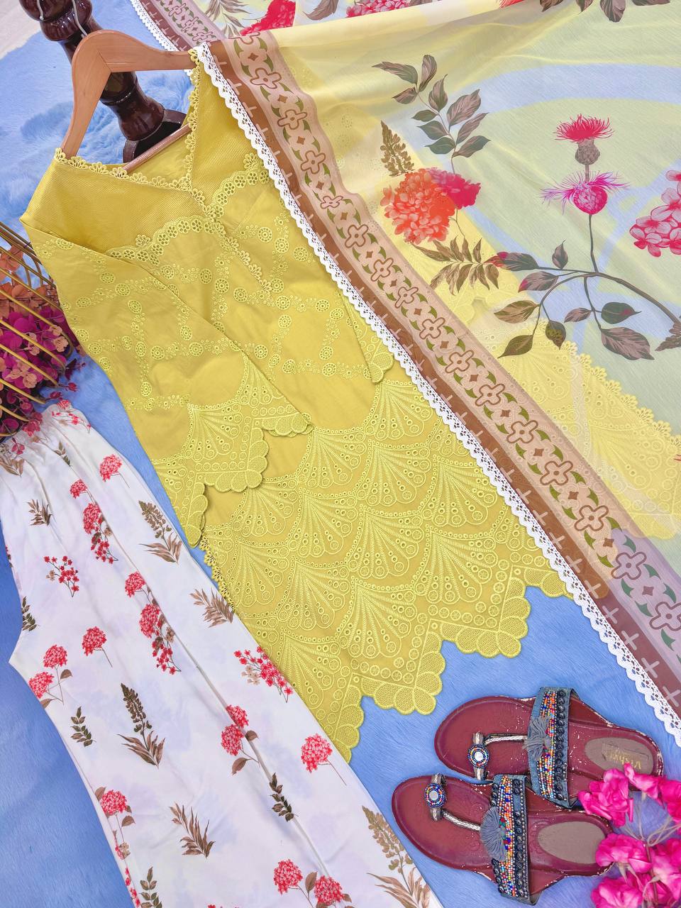 Sunshine Yellow Chikankari Style Cotton Tunic & Floral Print Palazzo Set