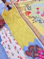 Sunshine Yellow Chikankari Style Cotton Tunic & Floral Print Palazzo Set