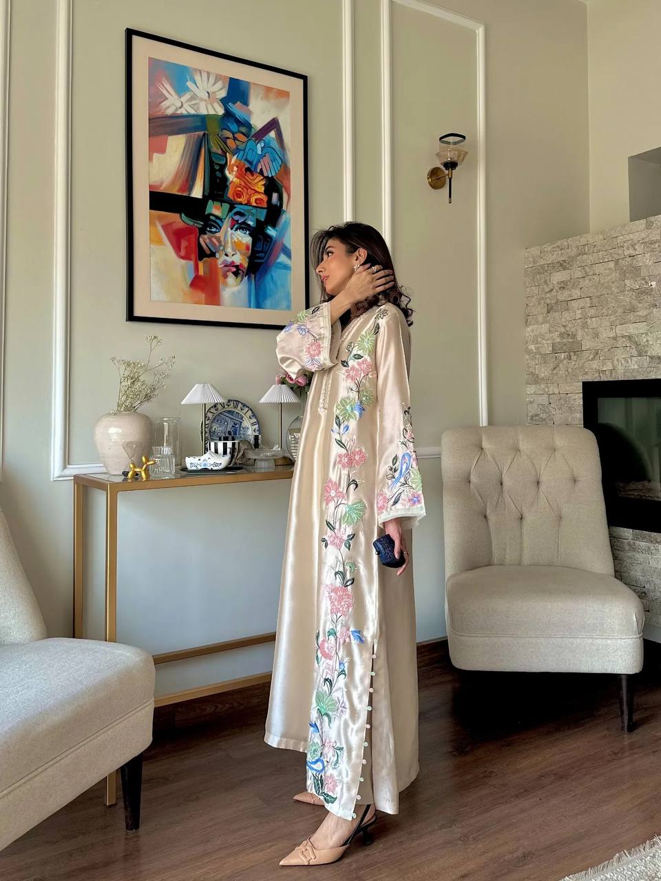 Luxury Cream Roman Glass Embroidered Oversized Long Kaftan Set