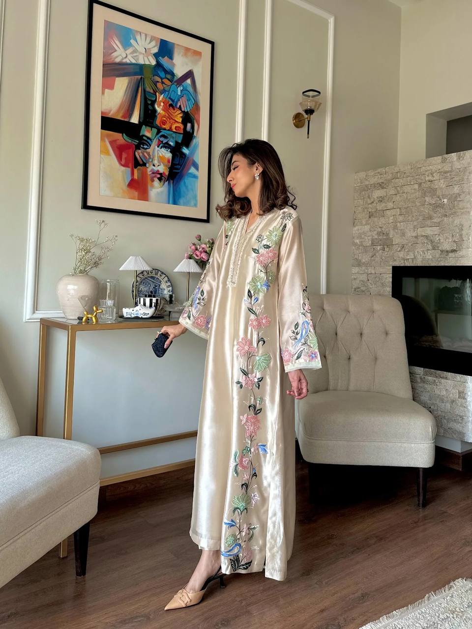 Luxury Cream Roman Glass Embroidered Oversized Long Kaftan Set
