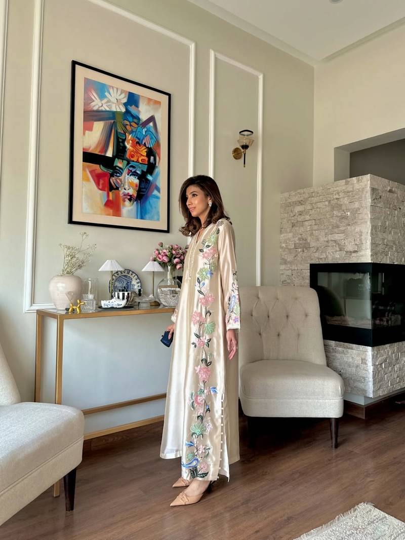 Luxury Cream Roman Glass Embroidered Oversized Long Kaftan Set