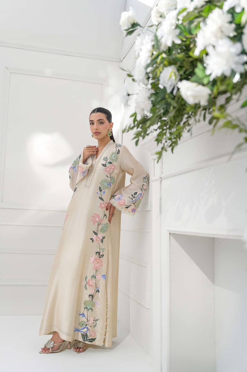 Luxurious Beige Silk Embroidered Pakistani Long Kurta Set