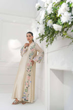 Luxurious Beige Silk Embroidered Pakistani Long Kurta Set
