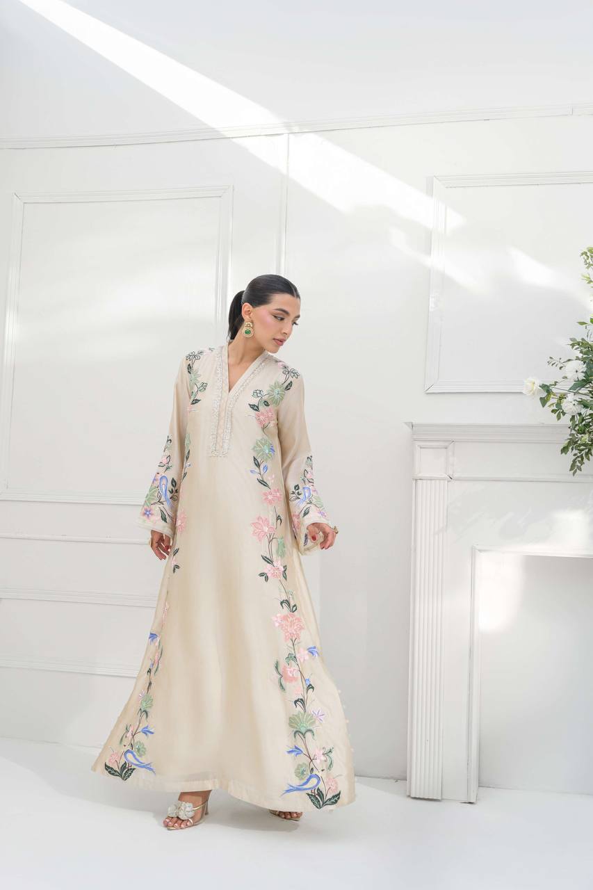 Luxurious Beige Silk Embroidered Pakistani Long Kurta Set