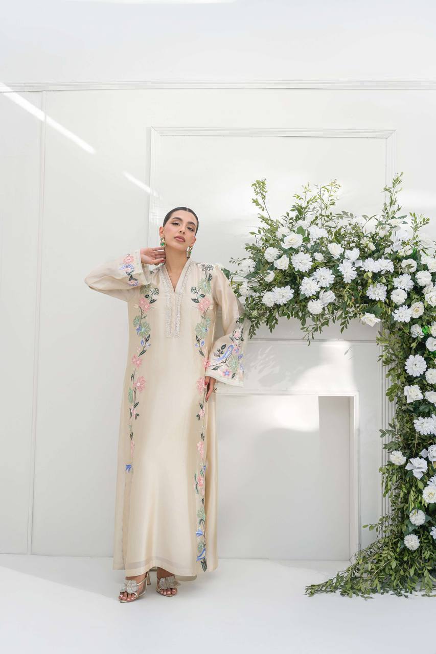 Luxurious Beige Silk Embroidered Pakistani Long Kurta Set