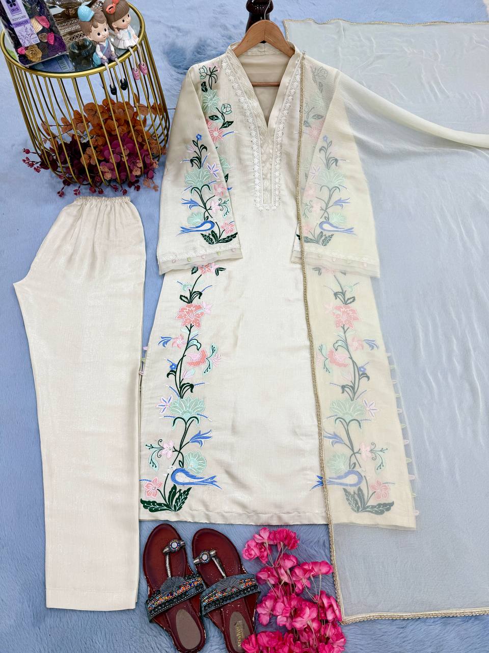 Luxury Cream Roman Glass Embroidered Oversized Long Kaftan Set