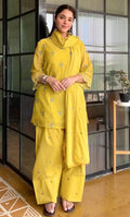 Intricate Yellow Satin Mul Chanderi Farshi Palazzo Suit Set