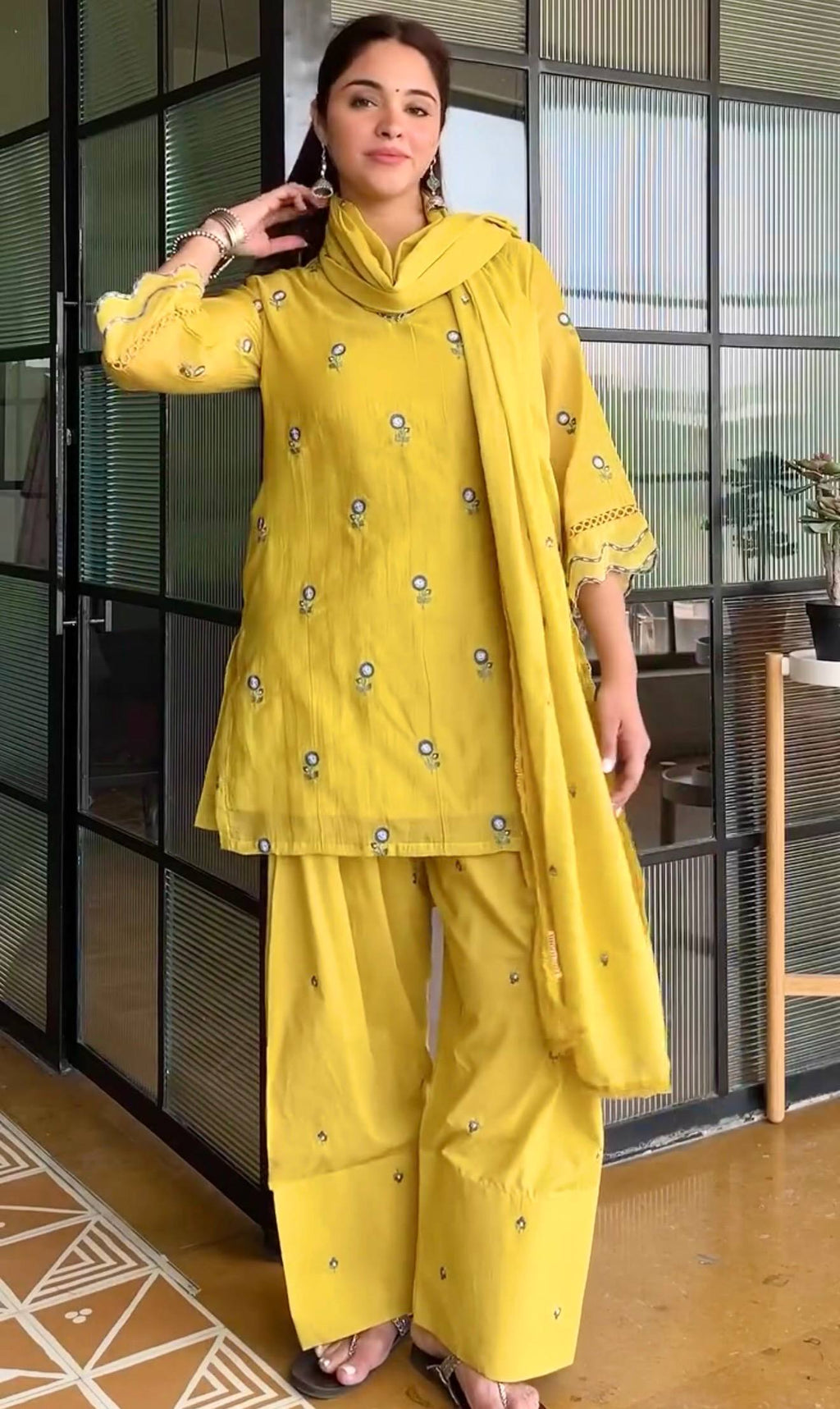 Intricate Yellow Satin Mul Chanderi Farshi Palazzo Suit Set