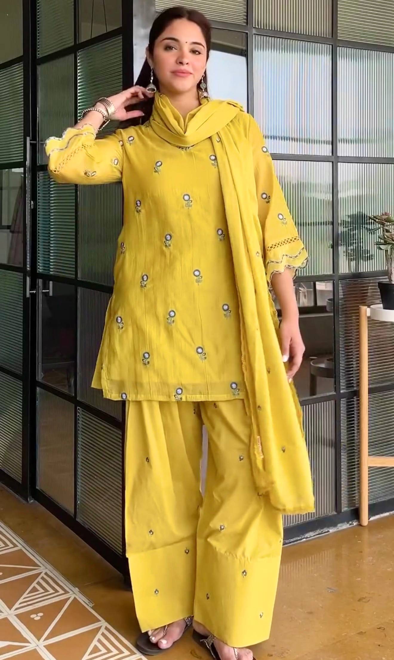 Intricate Yellow Satin Mul Chanderi Farshi Palazzo Suit Set