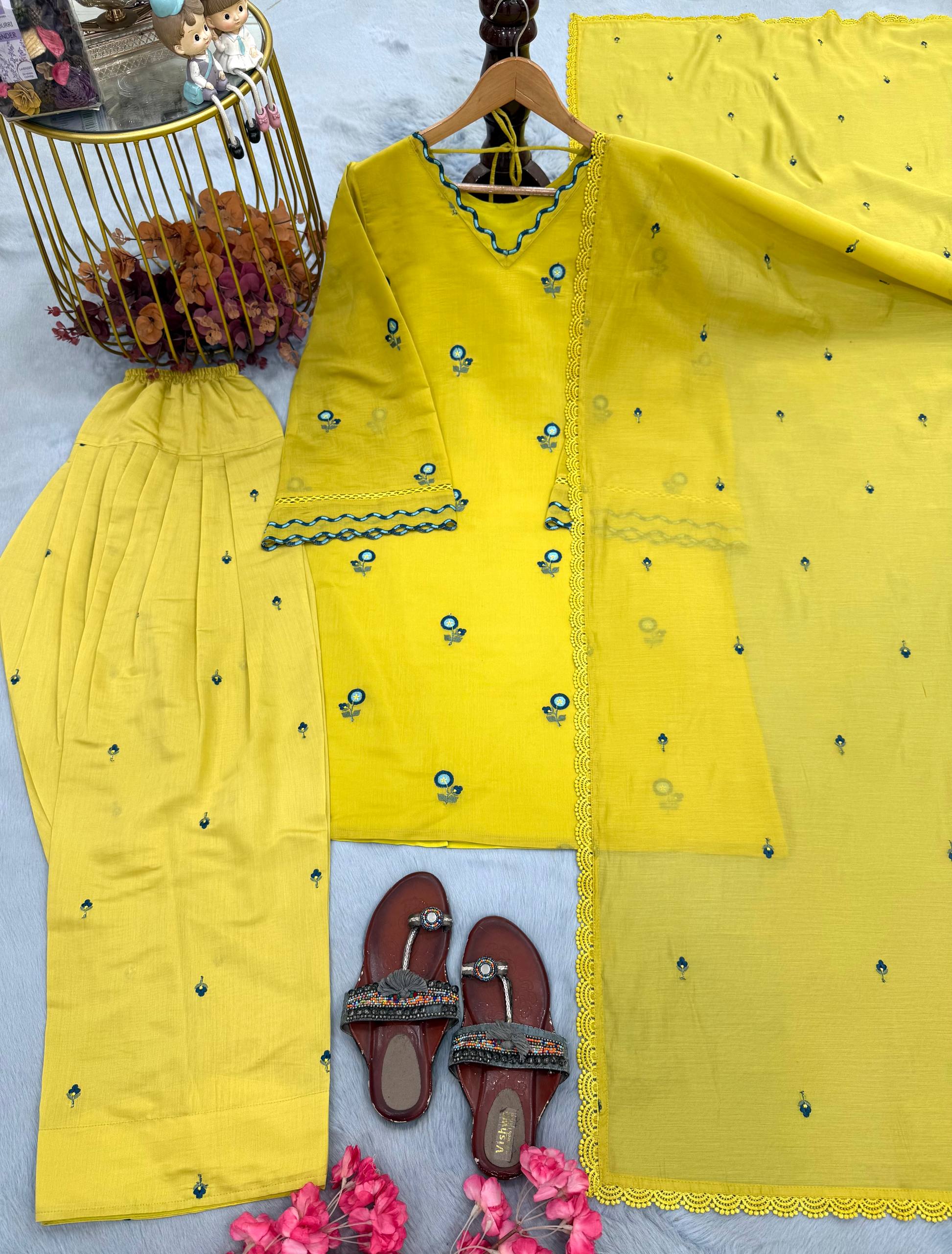 Intricate Yellow Satin Mul Chanderi Farshi Palazzo Suit Set