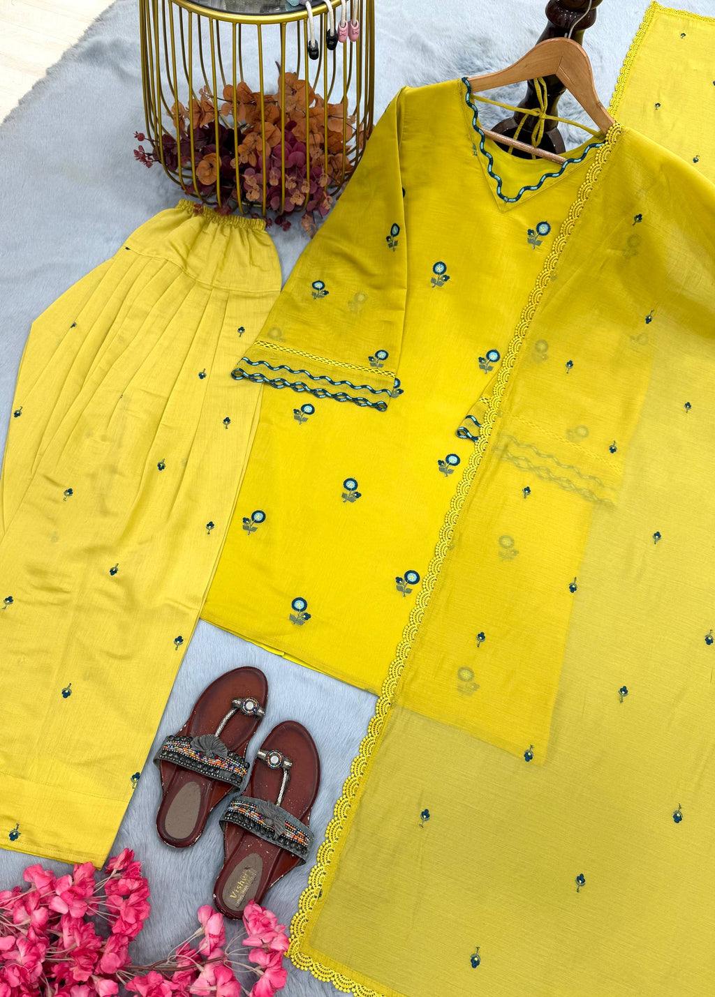 Intricate Yellow Satin Mul Chanderi Farshi Palazzo Suit Set