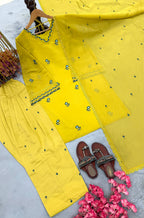 Intricate Yellow Satin Mul Chanderi Farshi Palazzo Suit Set