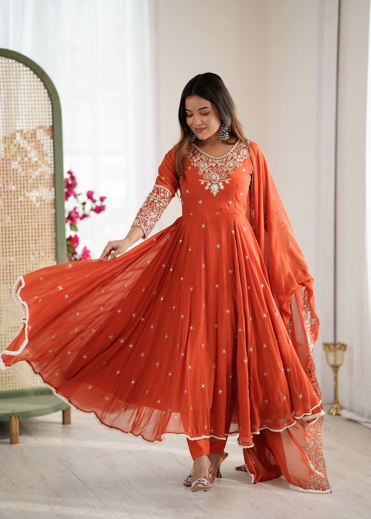 designer anarkali dress Buy Gown Set The flowing Anarkali silhouette COASTAL BLUE STRIPED MAXI Size:Size 22w---Bust 49 Waist 43 Hips 51.5 Shoulder to floor 62.25 puff sleeve mini dress