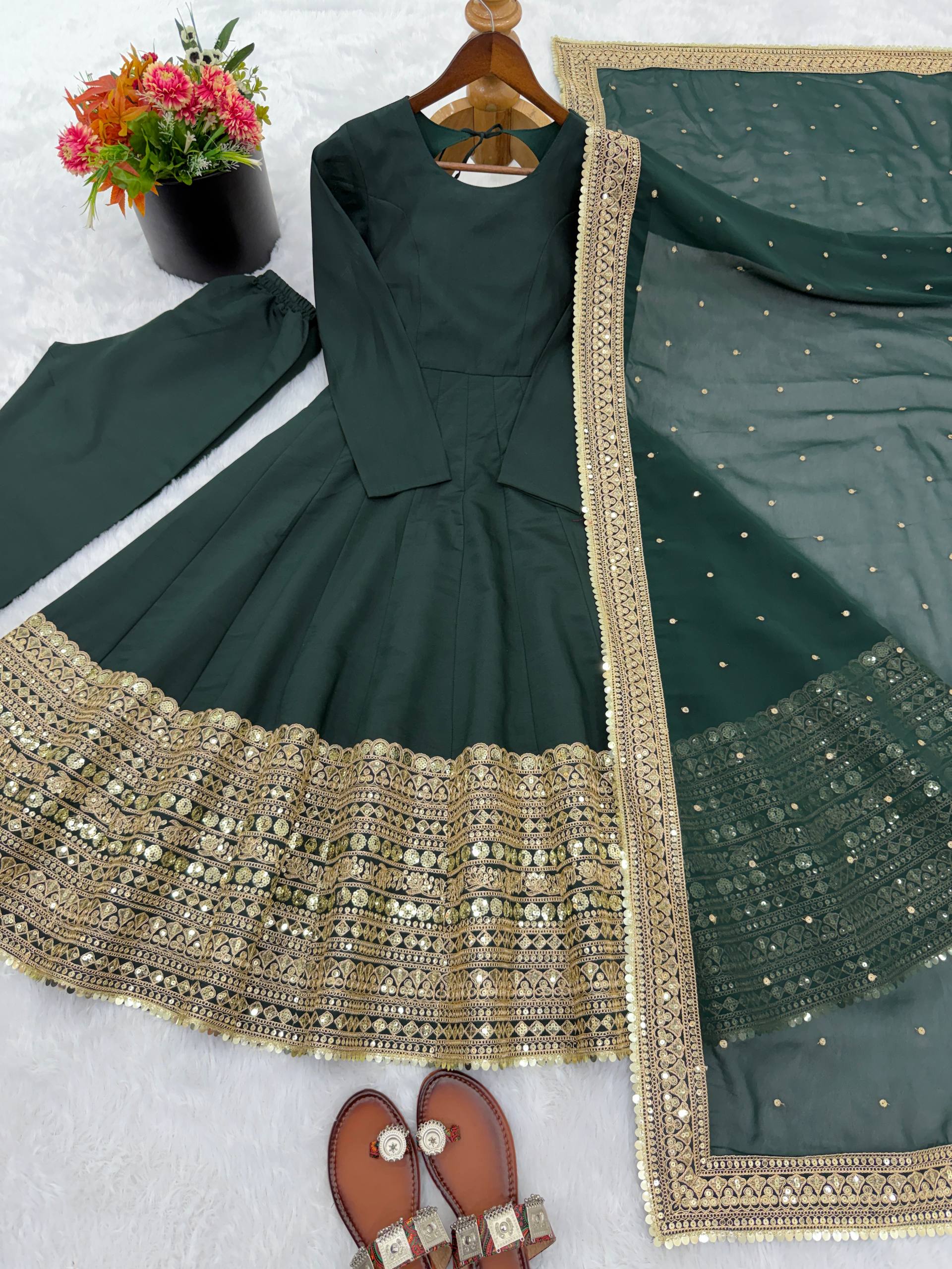 New Designer Party Wear Look Stylish Heavy Embroidery Work Gown Set