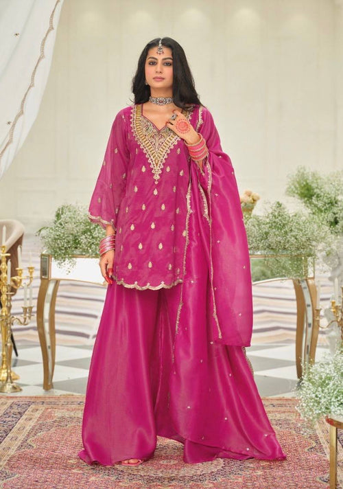 Artisan Pink Silk Embroidered Sharara Set with Dupatta