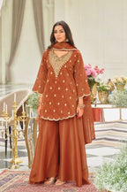 Burnt Orange Organza Sharara Set with Scallop Border Kurti