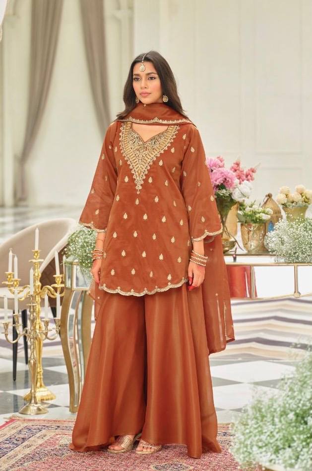 Burnt Orange Organza Sharara Set with Scallop Border Kurti