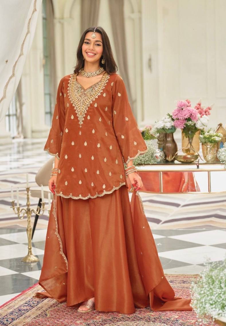 Burnt Orange Organza Sharara Set with Scallop Border Kurti