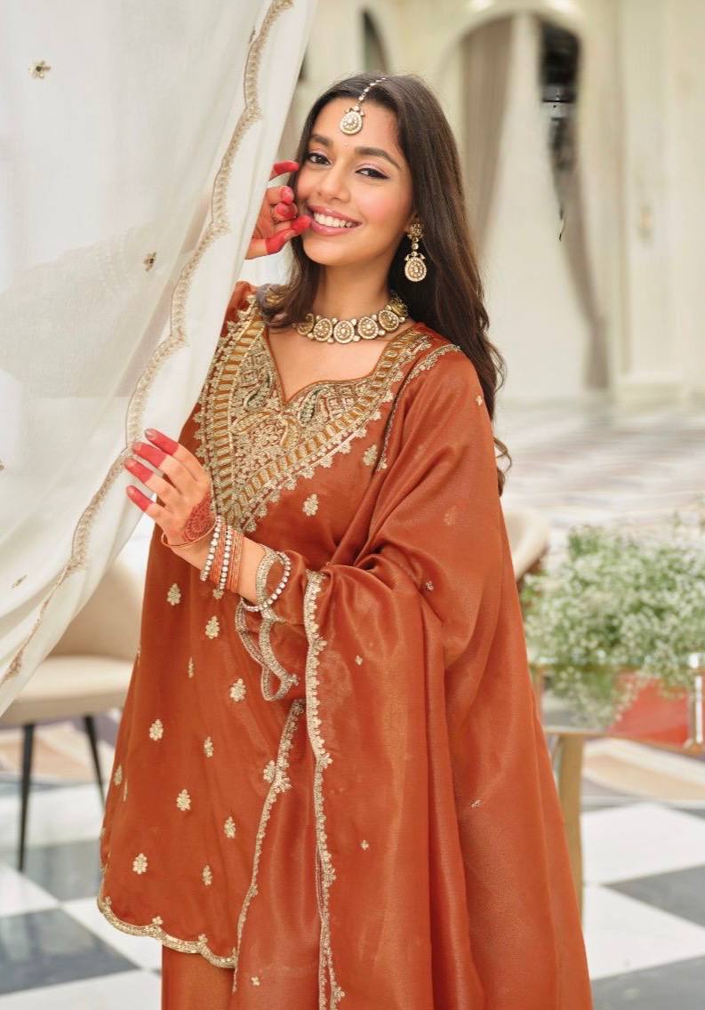 Burnt Orange Organza Sharara Set with Scallop Border Kurti