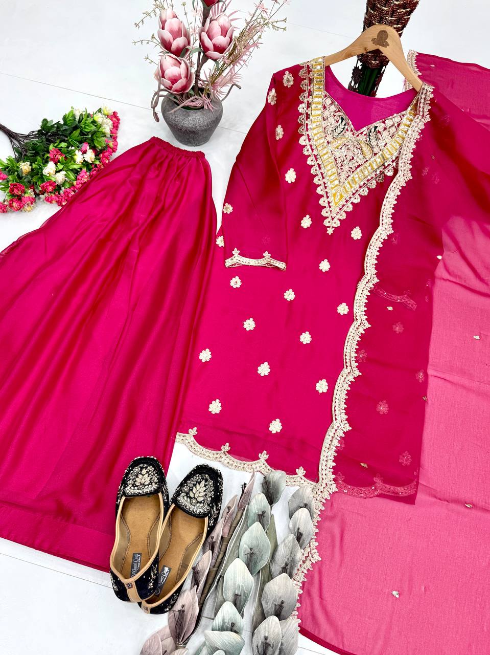Artisan Pink Silk Embroidered Sharara Set with Dupatta